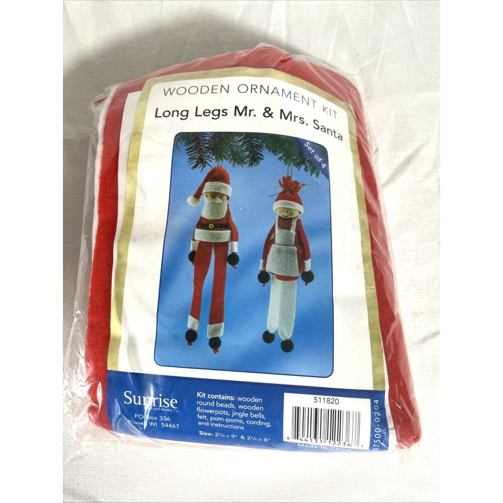 Sunrise Wooden Ornament Kit Long Legs Mr & Mrs Santa Set of 4 Vintage Craft NIP